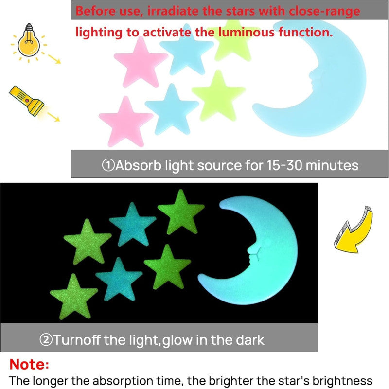 200 Pcs Glow in The Dark Luminous Colorful Stars and Pink Moon Fluorescent Noctilucent Plastic Wall Stickers Murals Decals for Home Art Decor Ceiling Wall Decorate Kids Babys Bedroom Room