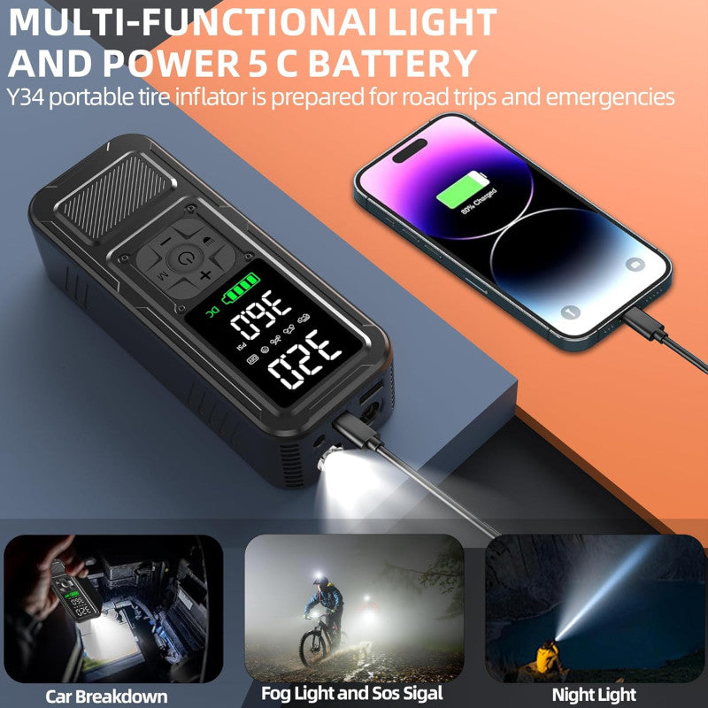 Tire Inflator Portable Air Compressor, Electric Air Pump for Car, Motorcycle, Bike, Balls with Tires Pressure Gauge, 150PSI Air Compressor Portable, Tires Pump with LED Light & Auto Shut-Off